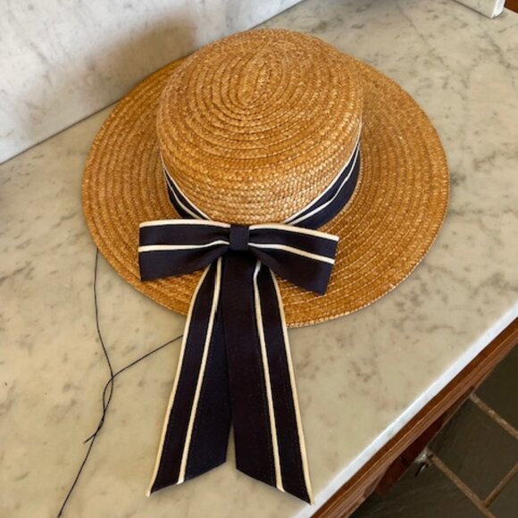 LAURA ASHLEY Vintage Straw Boater Hat with Navy White Ribbon Accent OS - Picture 8 of 16
